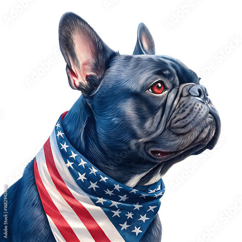 A patriotic french bulldog with an american flag bandana looking to the right side view portrait