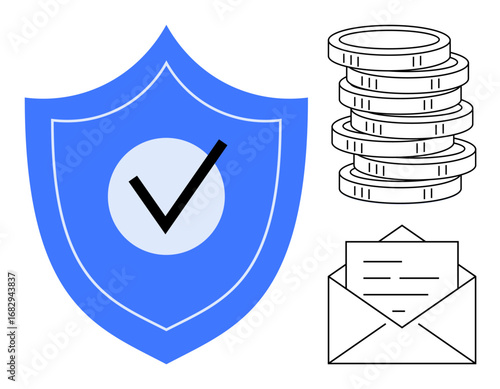 Blue shield with check mark symbolizes security, stack of coins signifies financial elements, and envelope represents communication. Ideal for finance, data privacy, online security, secure