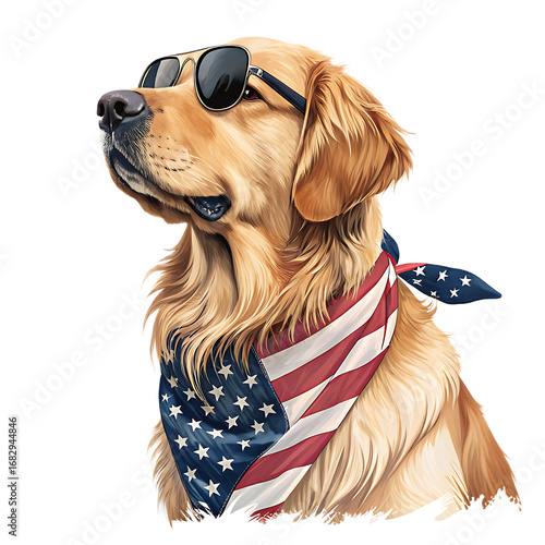 Golden retriever wearing sunglasses and an american flag bandana looking to the side on white background