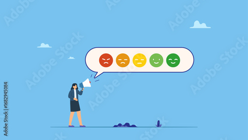 A woman shouting with satisfaction emoticon. Customer satisfaction survey, service quality feedback, rating or opinion, user experience emoticon, angry or smile face review, client questionnaire.