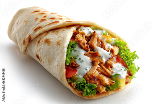 Delicious chicken wrap with fresh vegetables and creamy sauce isolated on white background