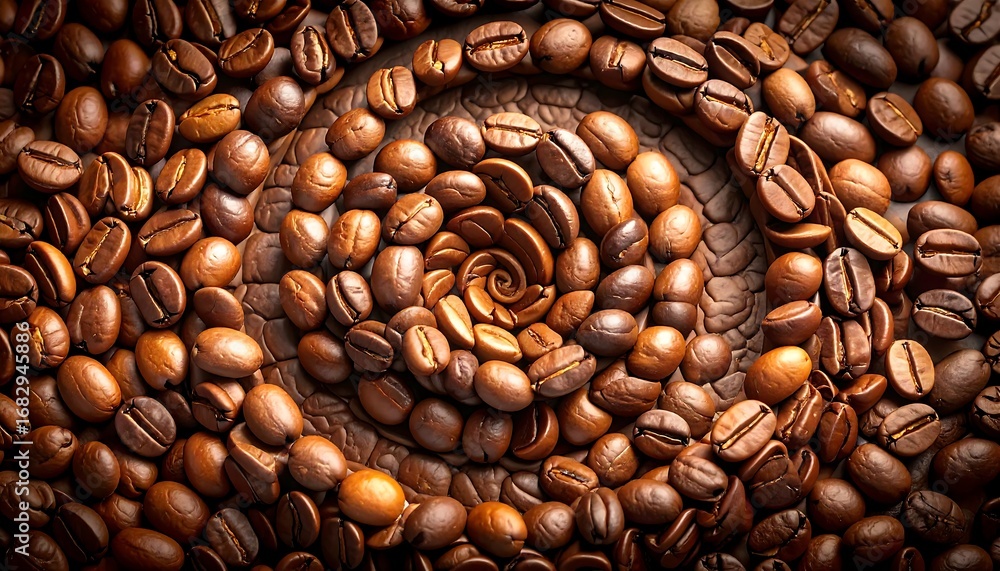 Naklejka premium Macro View of Roasted Coffee Beans Arranged in a Spiral Pattern