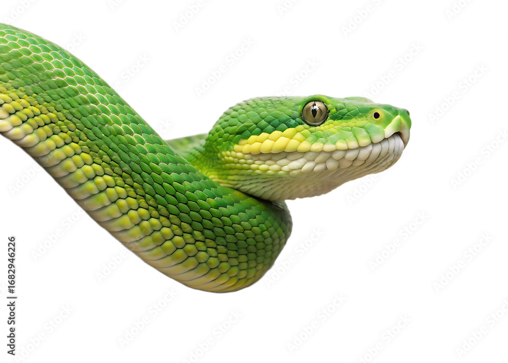 Fototapeta premium Close up of a bright green snake with yellow markings against a black background looking to the side