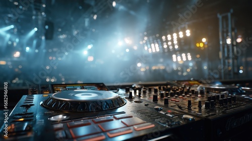 Close-up of professional dj mixer and turntable on stage with concert lights and bokeh
