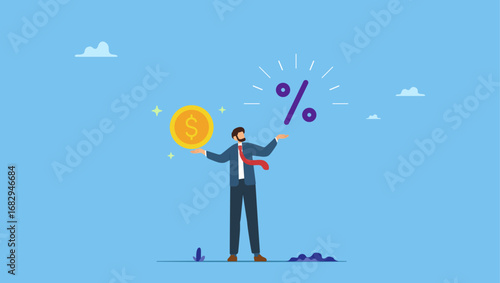 Businessman holding dollar money coin and percentage. Lending, mortgage or loan interest rate, financial credit, economy growth or income tax calculation, debt or financial credit, investment.