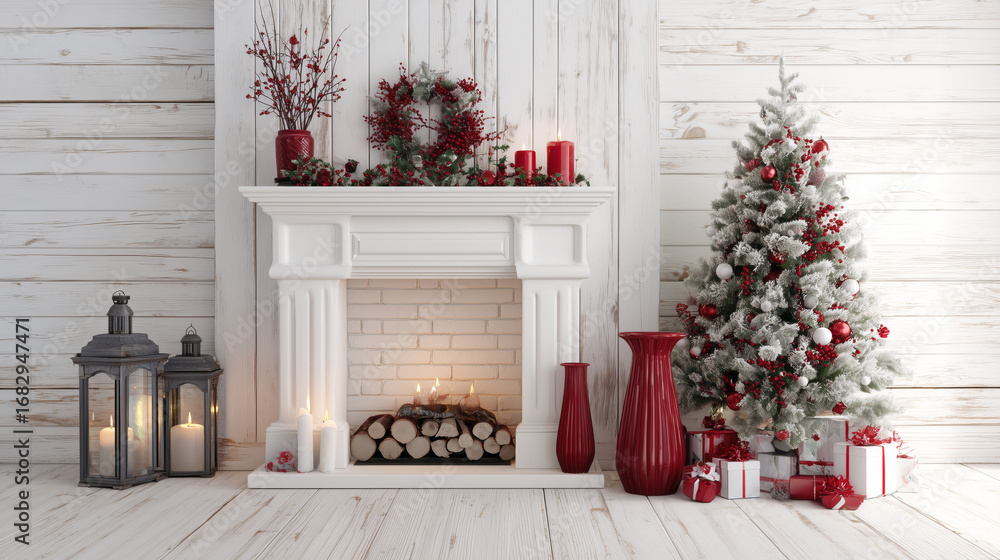 Fototapeta premium Classic Red and White Christmas Fireplace and Tree Decoration