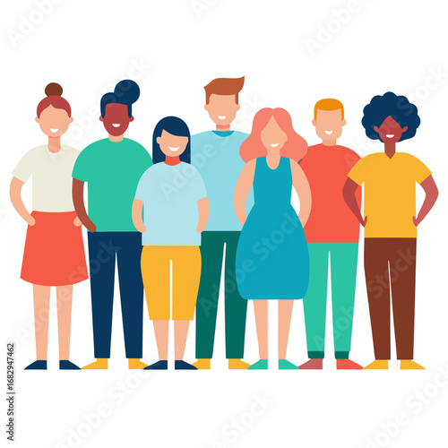 Diverse group of people standing together in a flat vector on white background.