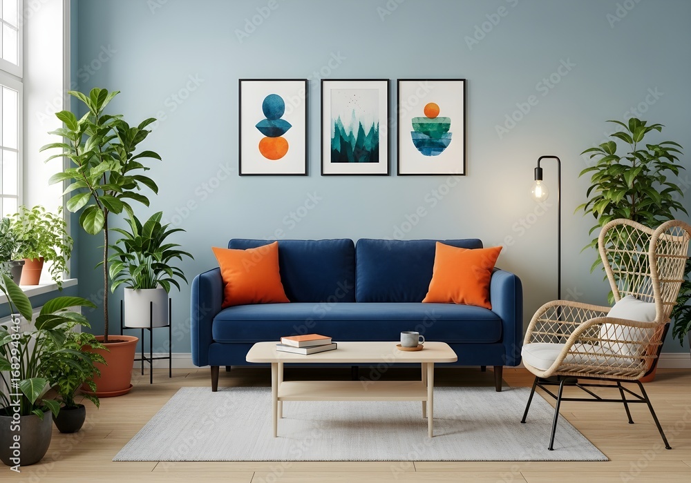 Fototapeta premium Bright and airy modern living room interior featuring a blue velvet sofa, orange cushions, and abundant green houseplants for a cozy, natural ambiance