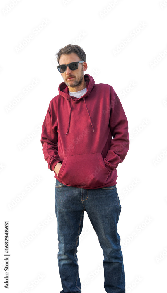 Fototapeta premium Man wearing red hoodie and sunglasses with transparent background