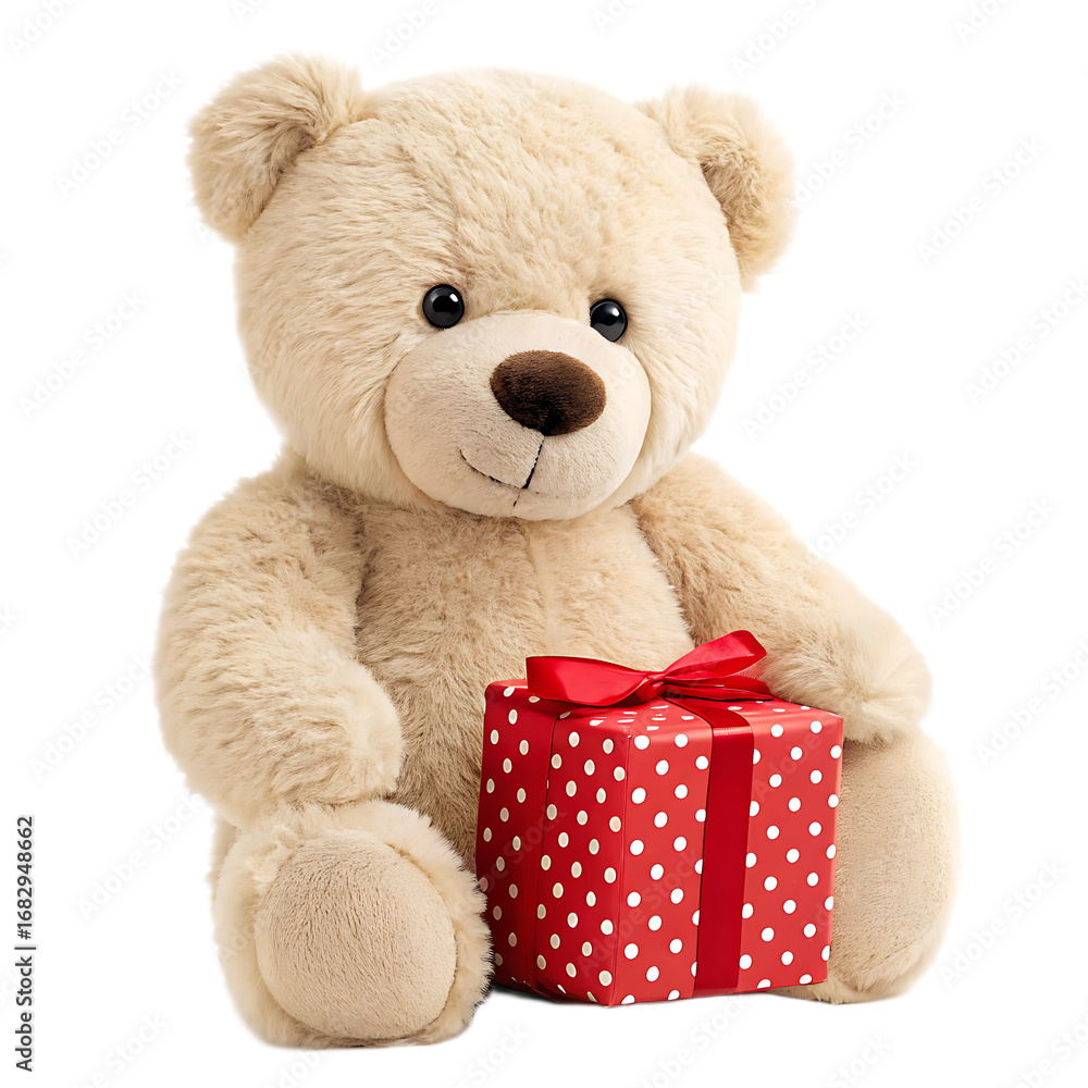 Fototapeta premium A fluffy beige teddy bear sitting and holding a red polka dot gift box with a red ribbon on white background