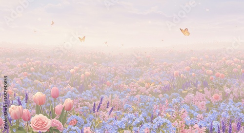 穏やか光彩 優しい花畑 蝶舞う幻想風景. AI Generated