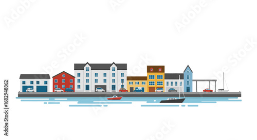 Charming waterfront townscape with colorful buildings and boats