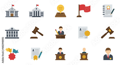 Government and legal services icons featuring courthouse, lawyer, gavel, and documents in a flat style