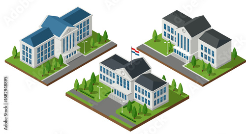 Isometric university buildings with landscaped grounds and flags