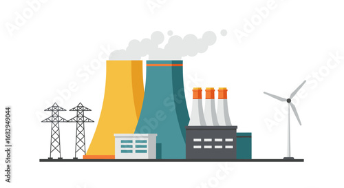Industrial power plant with chimneys and wind turbine in flat design