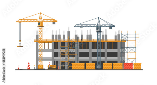 Modern construction site with cranes and scaffolding in flat design