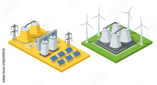 Renewable and non-renewable energy sources: isometric wind turbines, solar panels, and power plants