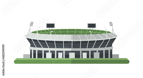 Modern sports stadium with green field and spotlight towers on white background