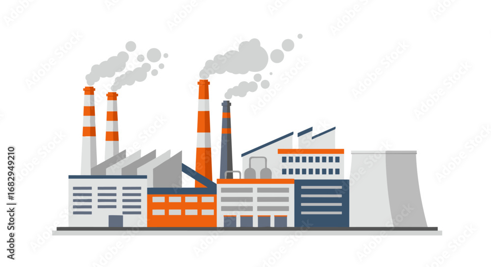 Obraz premium Flat industrial factory landscape with smokestacks and buildings