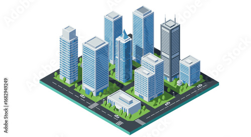 Modern cityscape with isometric high-rise buildings and green spaces