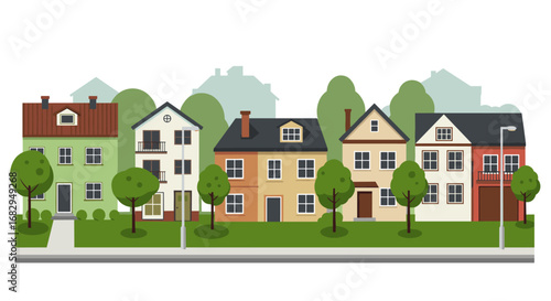 Charming suburban street with colorful houses and lush trees