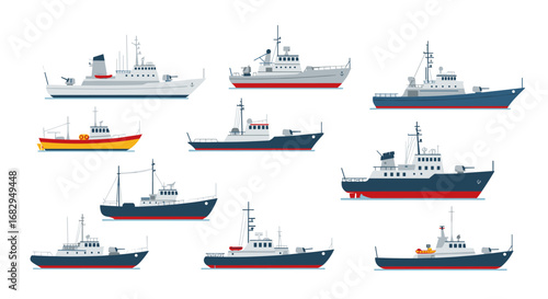 Collection of flat style fishing and cargo ships on white background