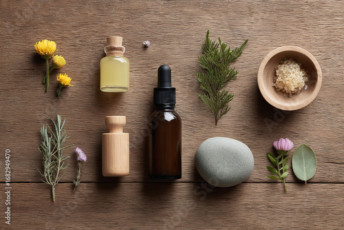 Natural wellness: A calming flat lay of botanical skincare ingredients for holistic self-care. Clean beauty on rustic wooden surface.