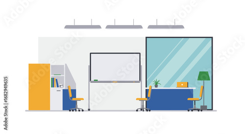 Modern office workspace with minimalist design and contemporary furniture layout