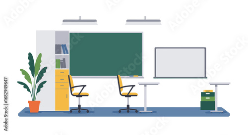 Modern classroom interior with blackboard and office chairs in flat design