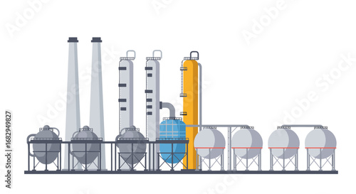 Industrial plant with chimneys and storage tanks in flat design