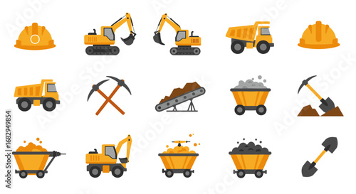 Industrial machines and equipment set: flat mining and construction icons
