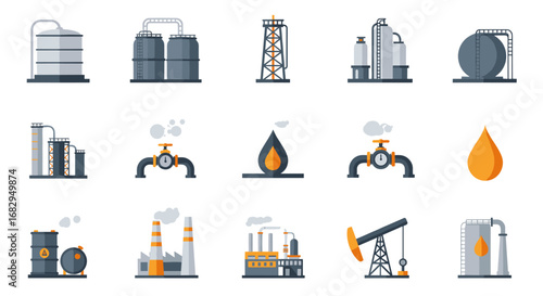 Industrial and energy icons set featuring oil, gas, and chemical structures