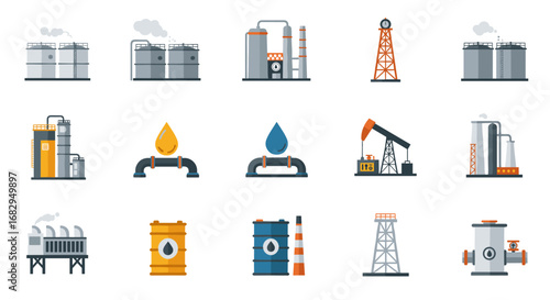 Energy industry icons collection featuring oil rigs and storage tanks