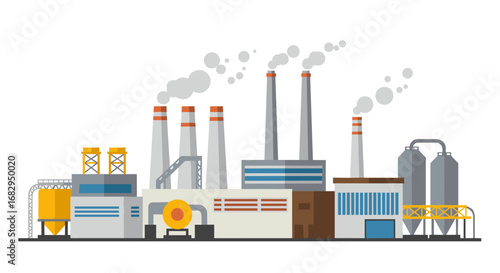 Industrial landscape with factory buildings and smokestacks in flat design