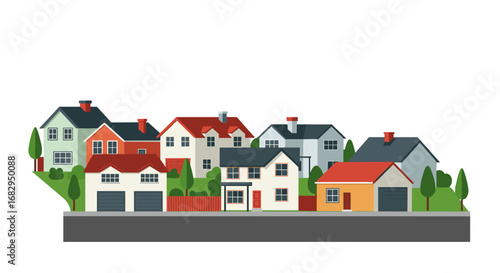 Charming neighborhood scene with colorful houses and lush trees