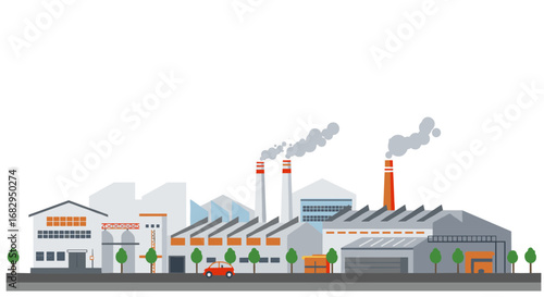 Industrial cityscape with factories and smokestacks in flat design