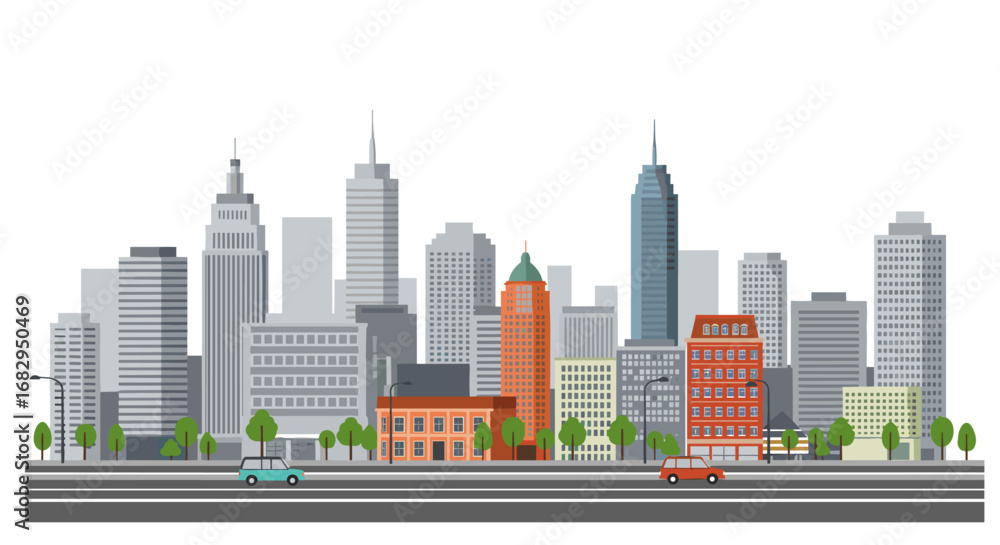 Fototapeta premium Modern urban skyline with diverse architecture and trees