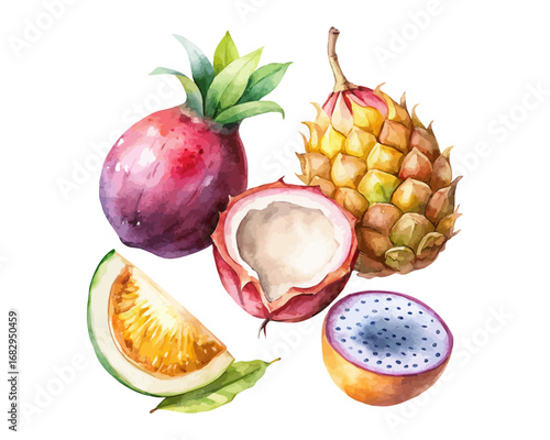 Tropical Fruit Watercolor Set with Mango, Dragon Fruit, and Coconut