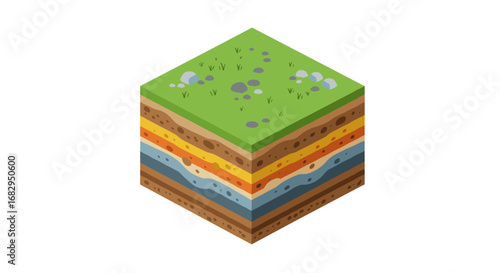 Isometric cube layers of soil and rock with grass top