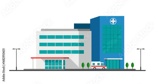 Modern flat design hospital building with ambulance and trees on white background