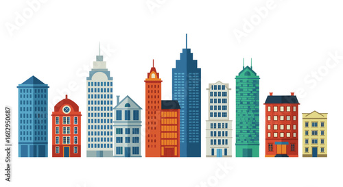 Urban skyline with diverse architectural styles on a white background