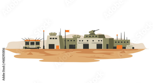 Desert military base with armored vehicles and defense structures