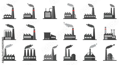 Set of industrial factory icons with smokestacks emitting smoke