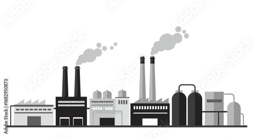 Monochrome industrial skyline with factories and smokestacks
