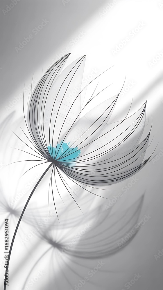 Obraz premium Minimalistic illustration of a silhouette of a single dandelion head in light colors on a white background, with a bright blue spot at the center of the head.