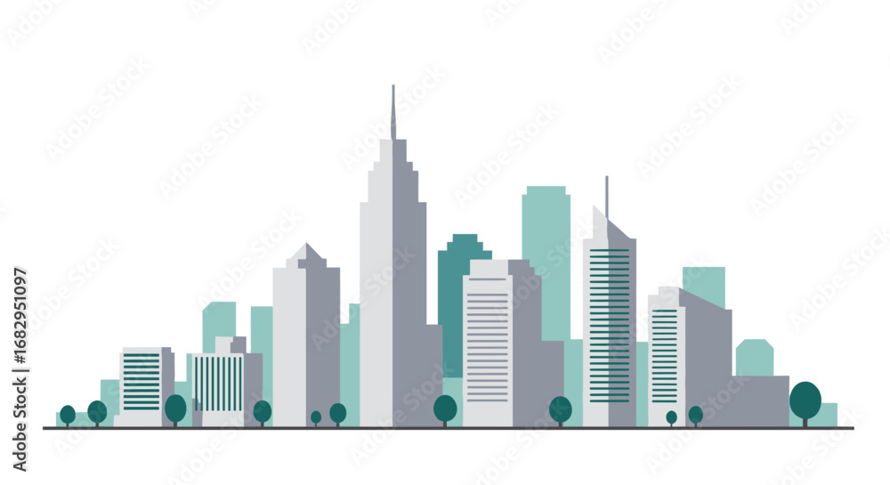 Fototapeta premium Modern city skyline with skyscrapers and trees in flat design