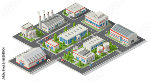 Industrial zone isometric design with factories, roads, and trees