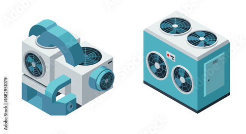 Isometric air conditioning units with cooling fans on white background