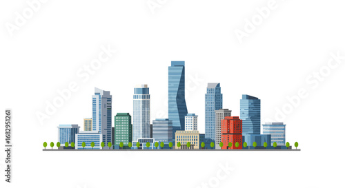 Modern flat urban skyline with skyscrapers and greenery