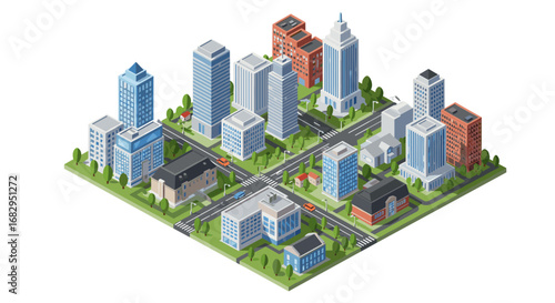 Isometric cityscape with modern urban buildings and streets